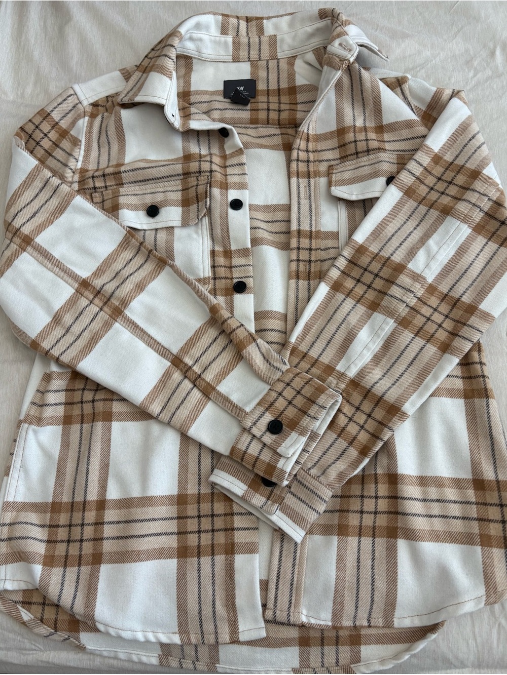 H&M Plaid Shirt Jacket in Cream and Tan